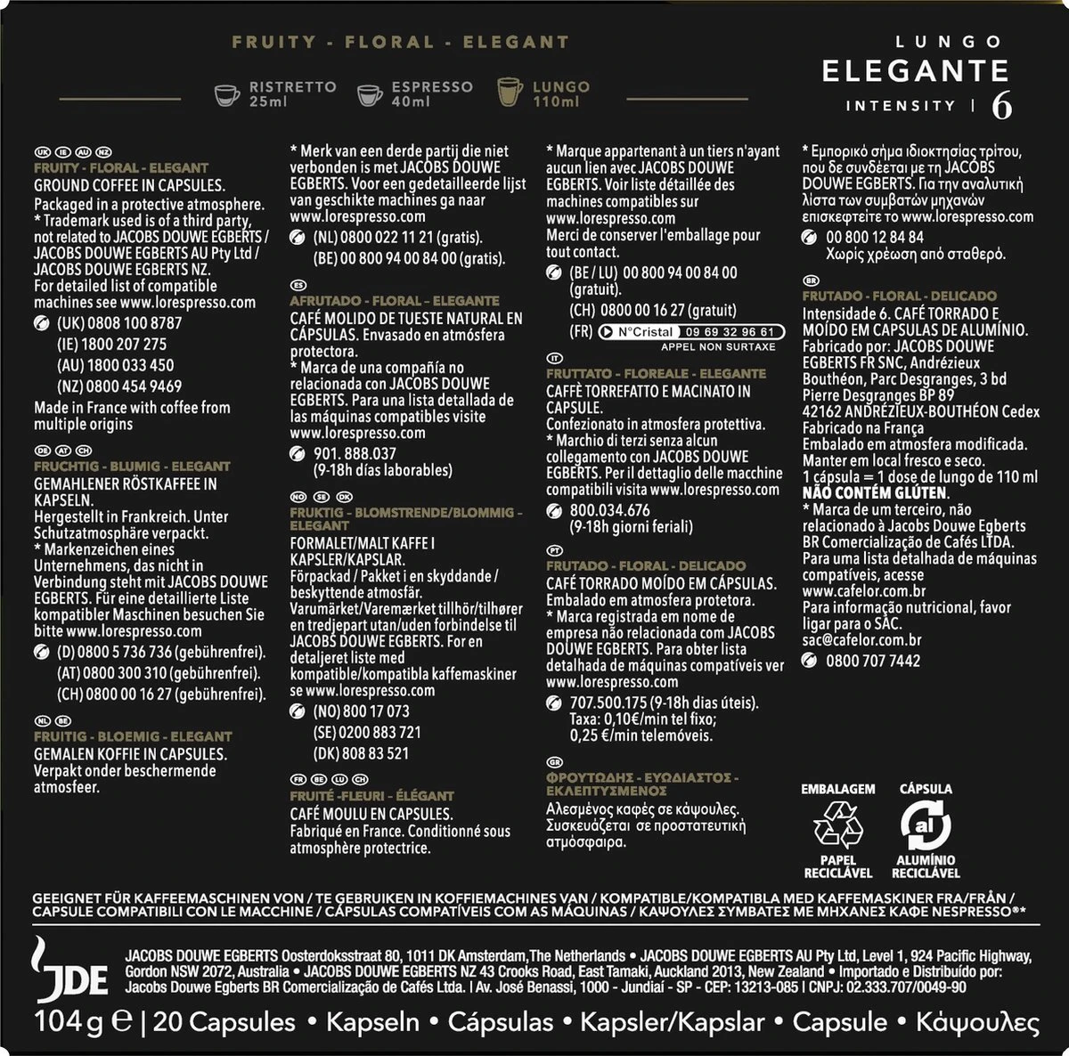 L'OR Lungo Elegante Koffiecups - Intensiteit 6/12 - 10 X 20 Capsules 3 L'OR Lungo Elegante Koffiecups - Intensiteit 6/12 - 10 X 20 Capsules - Afbeelding 3
