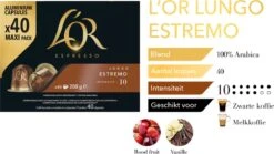L'OR Lungo Estremo Koffiecups - Intensiteit 10/12 - 4 X 40 Capsules 9 L'OR Lungo Estremo Koffiecups - Intensiteit 10/12 - 4 X 40 Capsules -Rogers Coffee Service Winkel 1200x676