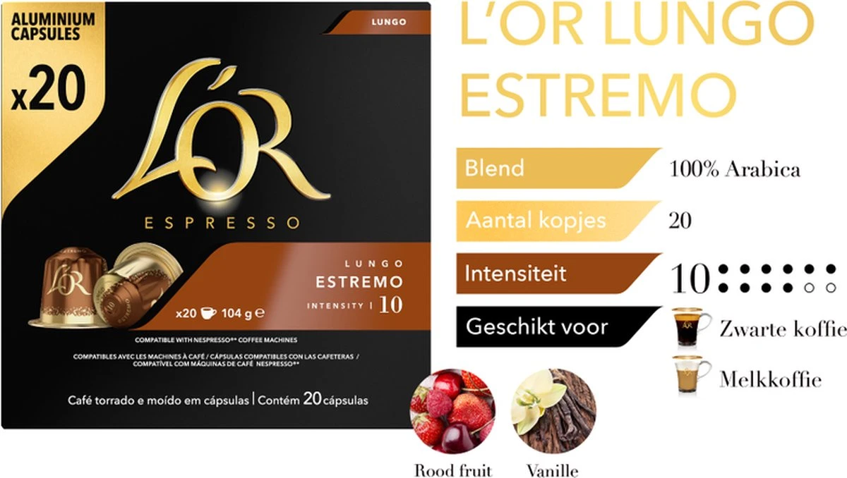 L'OR Lungo Estremo (10) - 10 X 20 Koffiecups 4 L'OR Lungo Estremo (10) - 10 X 20 Koffiecups - Afbeelding 4