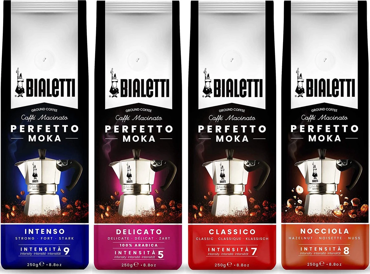 Bialetti Perfetto Moka Gemalen Koffie Proefpakket - 4 X 250 Gram - Classico, Intenso, Delicato En Nocciola 1 Bialetti Perfetto Moka Gemalen Koffie Proefpakket - 4 X 250 Gram - Classico, Intenso, Delicato En Nocciola