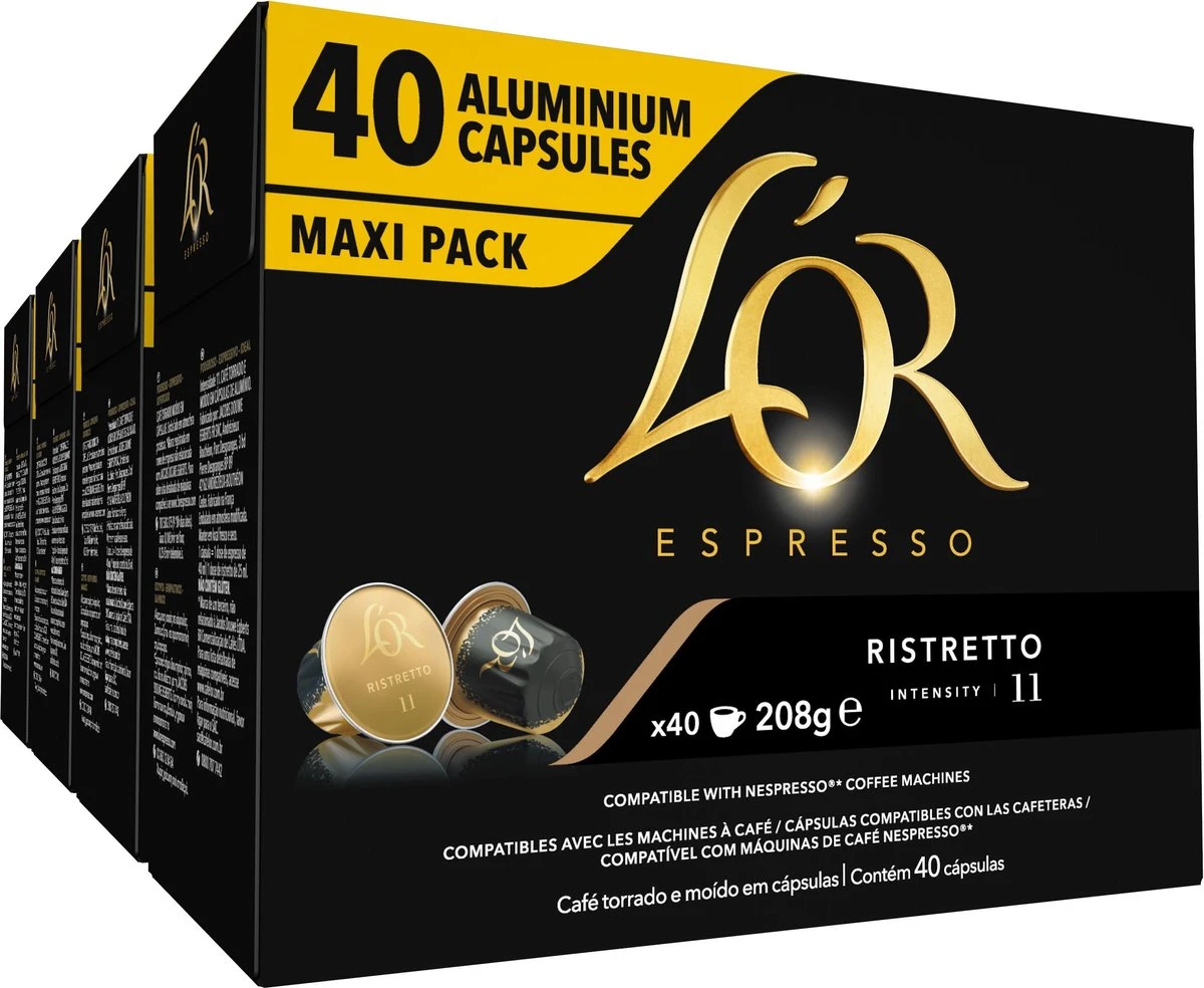 L'OR Espresso Ristretto Koffiecups - Intensiteit 11/12 - 4 X 40 Capsules 1 L'OR Espresso Ristretto Koffiecups - Intensiteit 11/12 - 4 X 40 Capsules