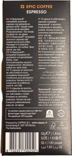 100 Capsules Epic Coffee - Espresso - Nespresso® Compatible Aluminium Capsules - RFA Keurmerk - Doos 100 Stuks -Rogers Coffee Service Winkel 556x1200