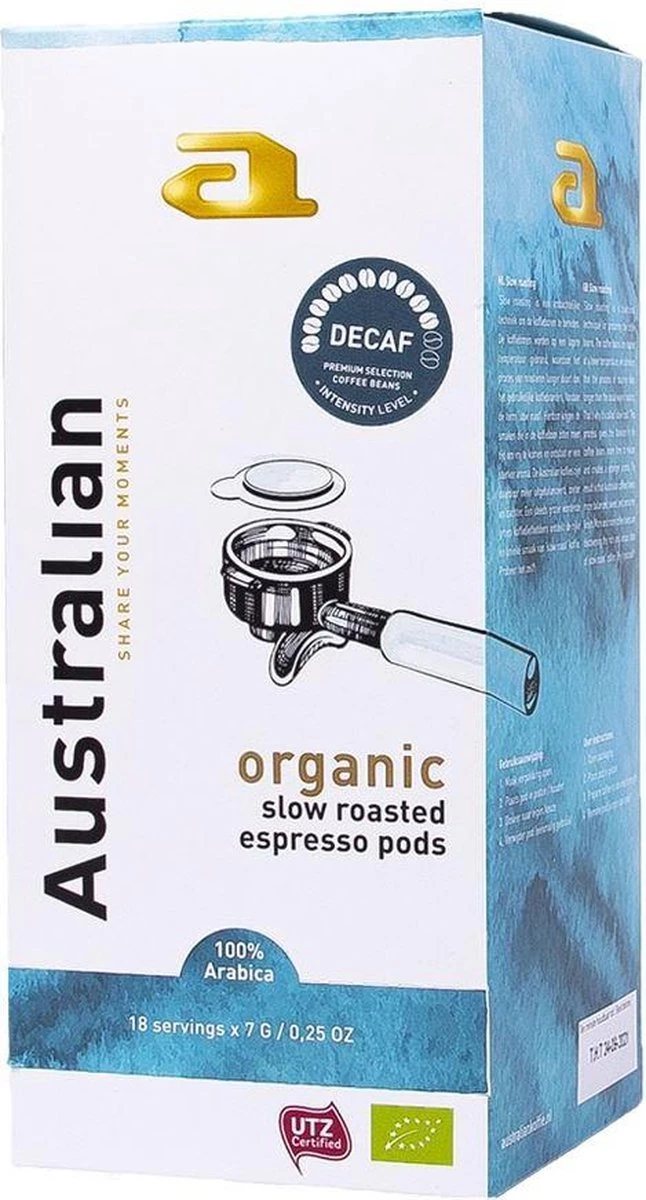 Australian Espresso Pods Decaf -4 X 18 Stuks- UTZ Organic 1 Australian Espresso Pods Decaf -4 X 18 Stuks- UTZ Organic