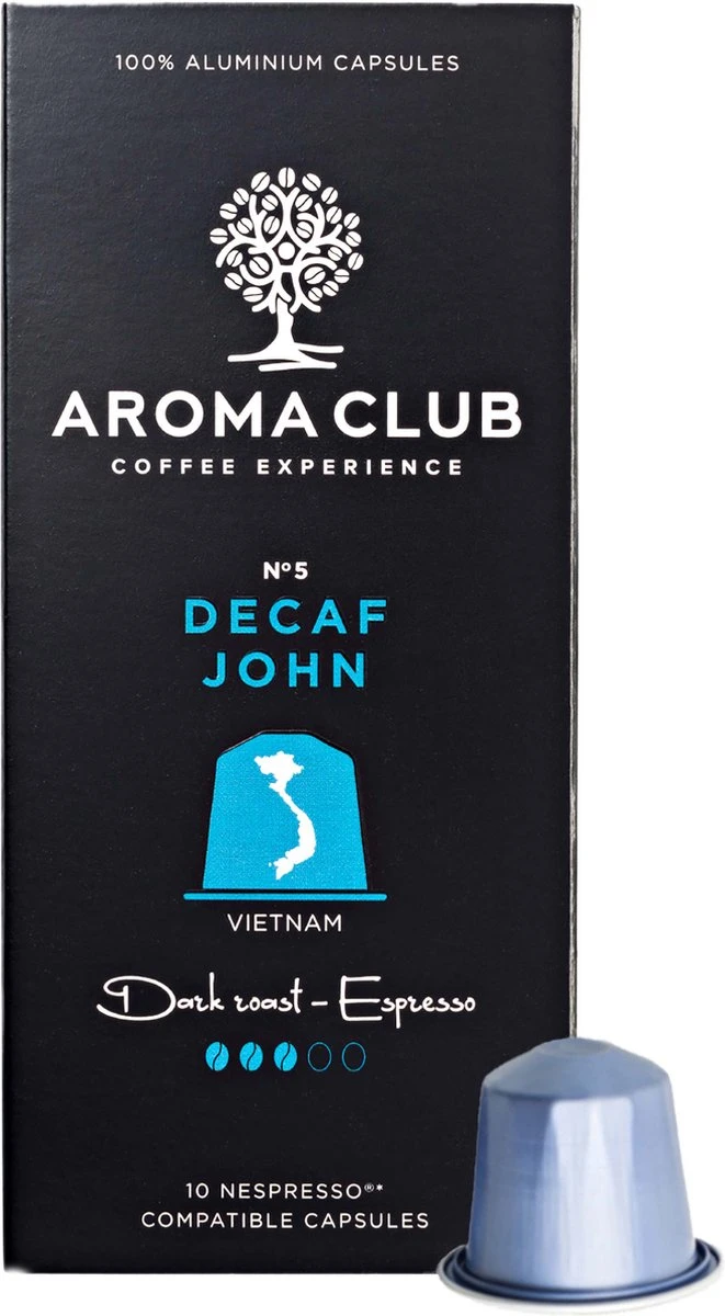 Aroma Club - Nespresso Compatible Capsules (120 St.) - No. 5 Decaf John - Intensiteit 3/5 - Decaf - 100% Aluminium Koffiecups 1 Aroma Club - Nespresso Compatible Capsules (120 St.) - No. 5 Decaf John - Intensiteit 3/5 - Decaf - 100% Aluminium Koffiecups