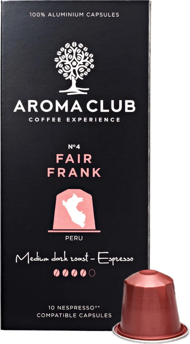 Aroma Club - Nespresso Compatible Capsules (120 St.) - No. 4 Fair Frank - Intensiteit 4/5 - Espresso - 100% Aluminium Koffiecups 1 Aroma Club - Nespresso Compatible Capsules (120 St.) - No. 4 Fair Frank - Intensiteit 4/5 - Espresso - 100% Aluminium Koffiecups