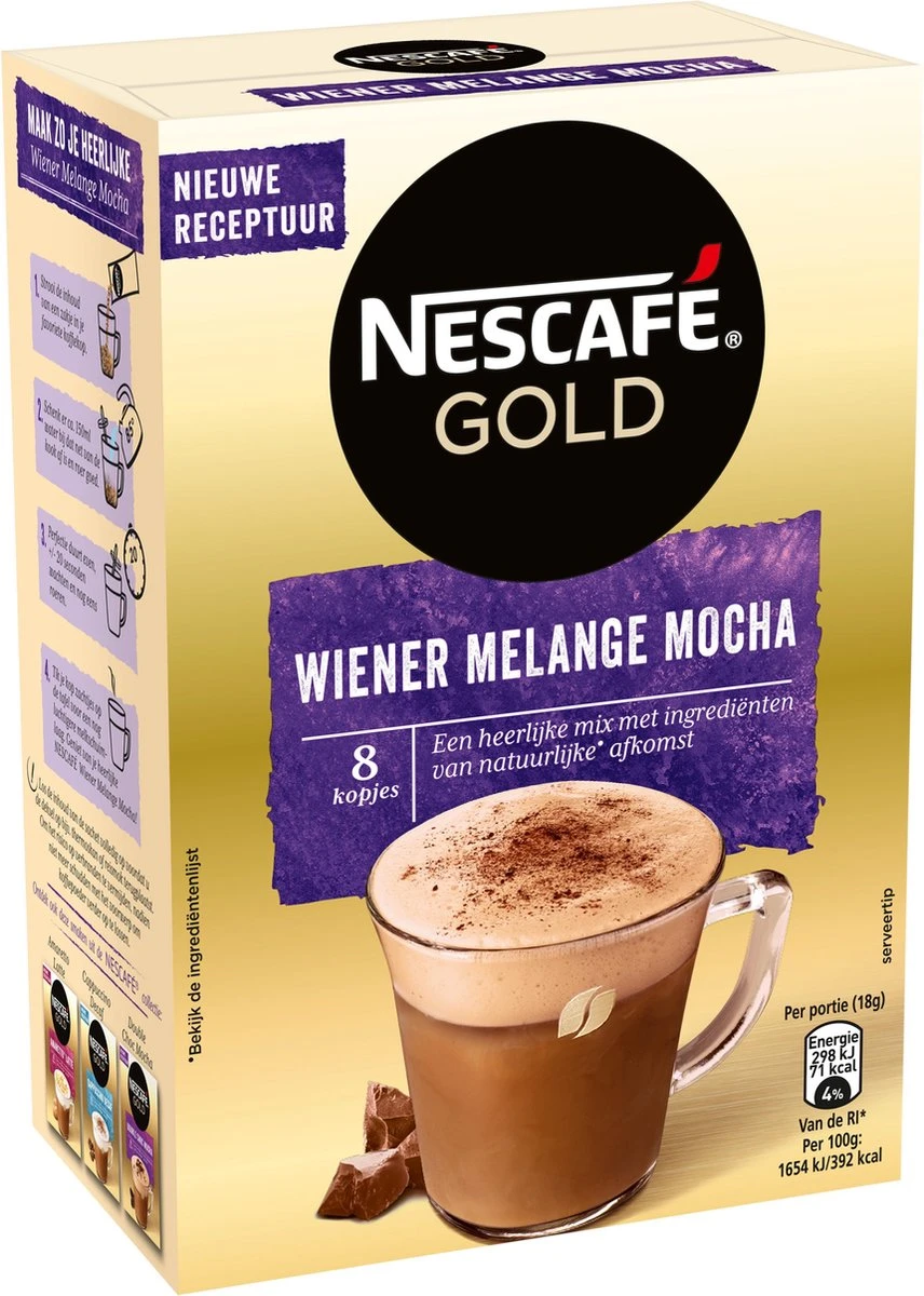 Nescafé Gold Wiener Melange Mocha Oploskoffie - 6 Doosjes à 8 Zakjes 5 Nescafé Gold Wiener Melange Mocha Oploskoffie - 6 Doosjes à 8 Zakjes - Afbeelding 5