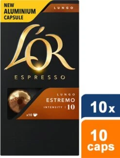 L'OR Lungo Estremo Koffiecups - Intensiteit 10/12 - 10 X 10 Capsules 23 L'OR Lungo Estremo Koffiecups - Intensiteit 10/12 - 10 X 10 Capsules -Rogers Coffee Service Winkel 909x1200