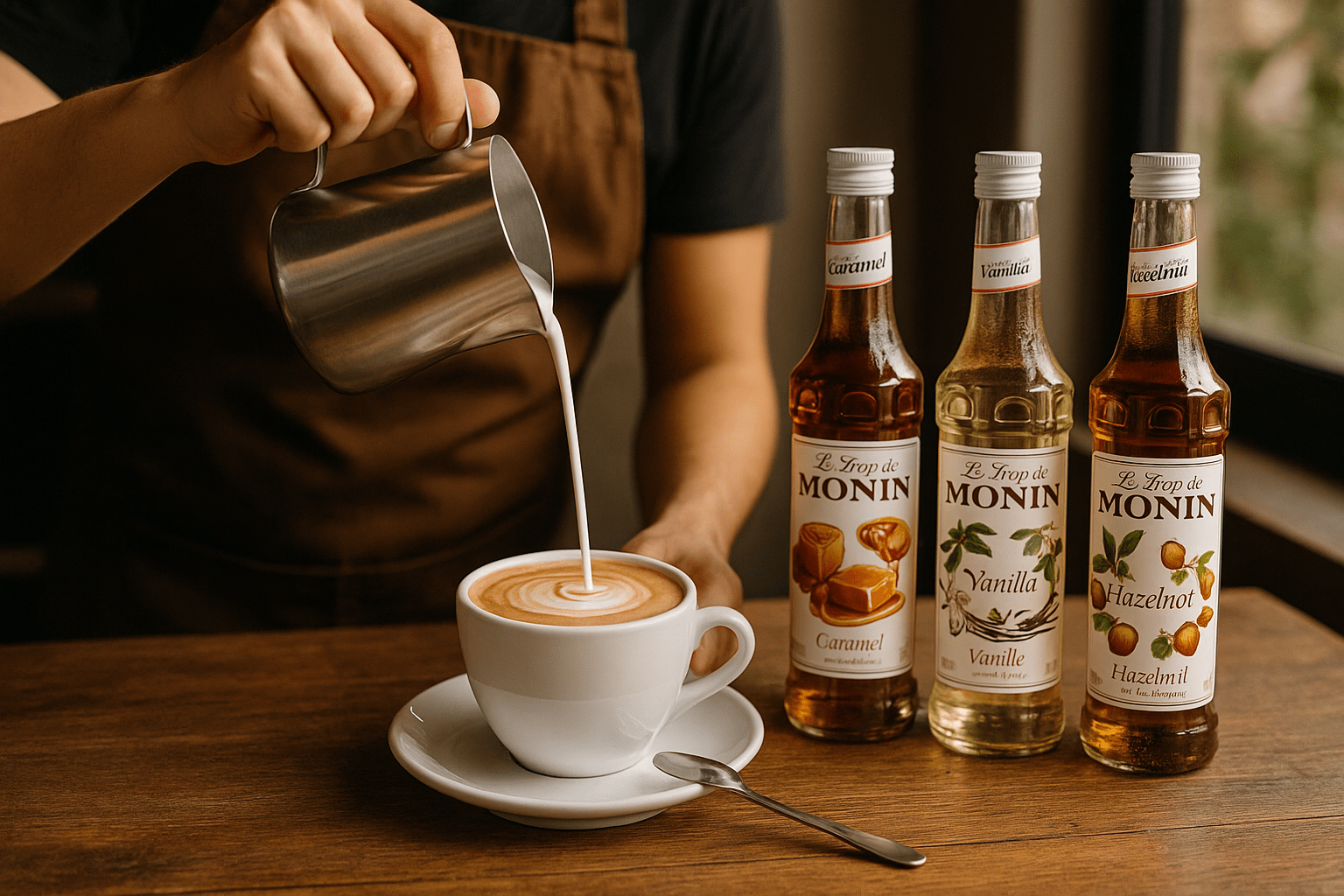 Rogers Coffee Service Winkel -Rogers Coffee Service Winkel Barista schenkt gestoomde melk in een cappuccino met Monin siroop voor koffie op de voorgrond karamel vanille en hazelnoot min
